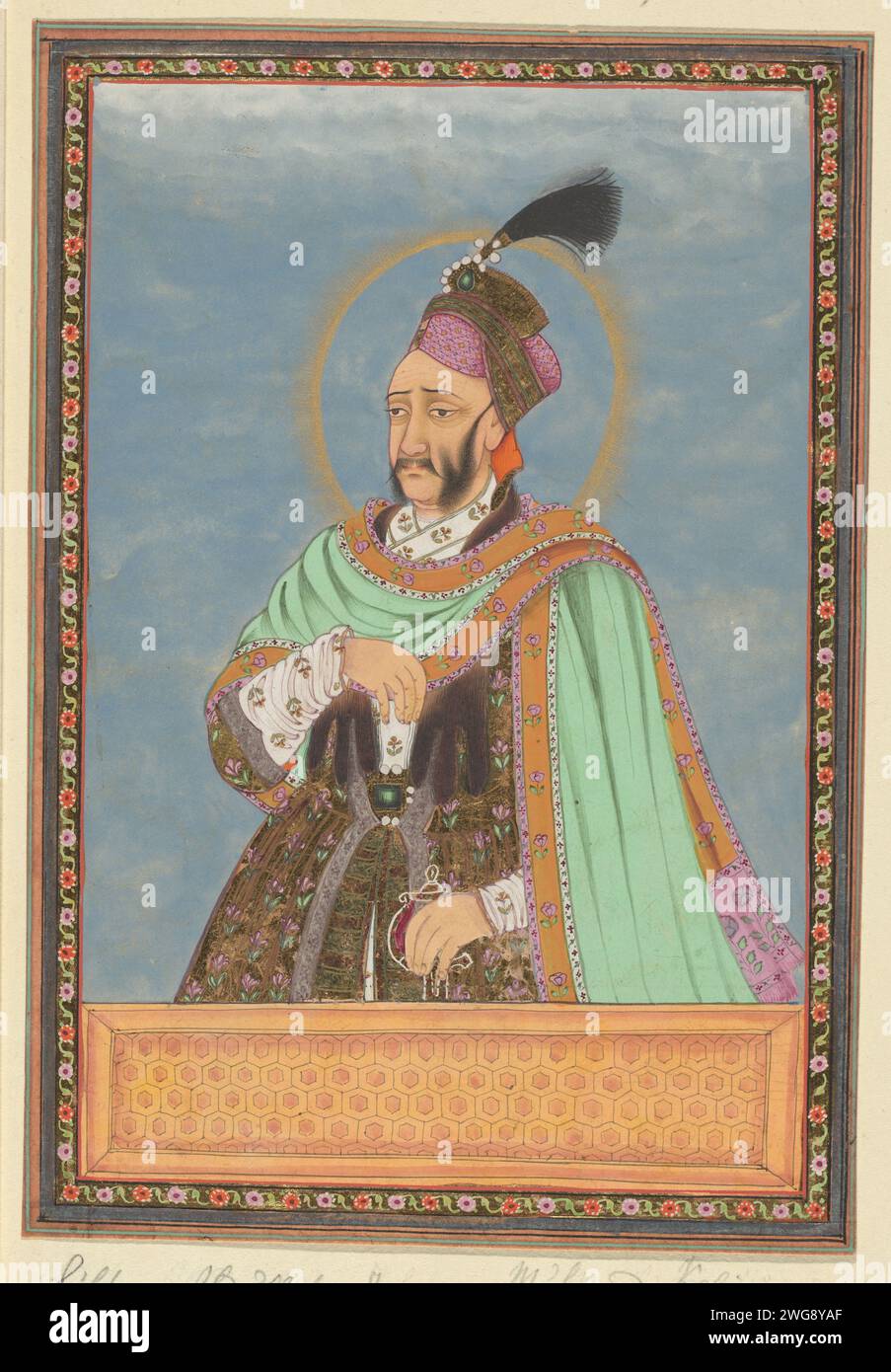 Portrait of Sultan Abdullah, son of Sultan Muhammad-Quli; After his father he ruled over Golconda, c. 1686 drawing. Indian miniature Sultan Abdullah is depicted up to his hips, used to half to the left, his left hand on his sword. Page 22 in the `Witsen-Album ', with 49 Indian miniatures of princes. Above the portrait a piece of paper with the name in Persian. Under the portrait a piece of paper with the name in the Portuguese. Golkonda paper. deck paint. gold leaf. gouache (paint) brush ruler, sovereign. historical person (...) - historical person (...) portrayed alone Stock Photo